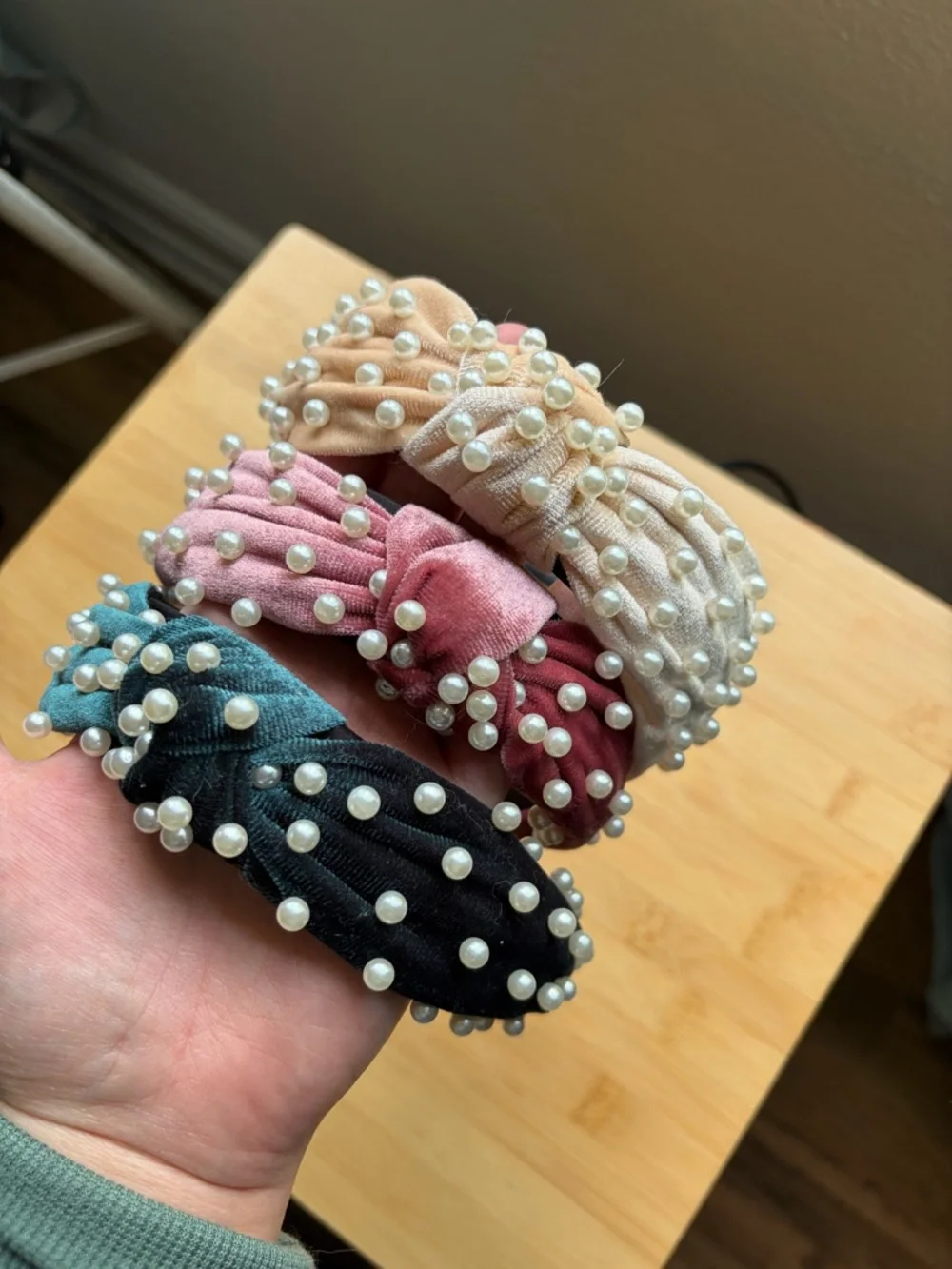 Pearl-Embellished Velvet Headbands - Pink, Cream, Teal - Picture 3 of 4